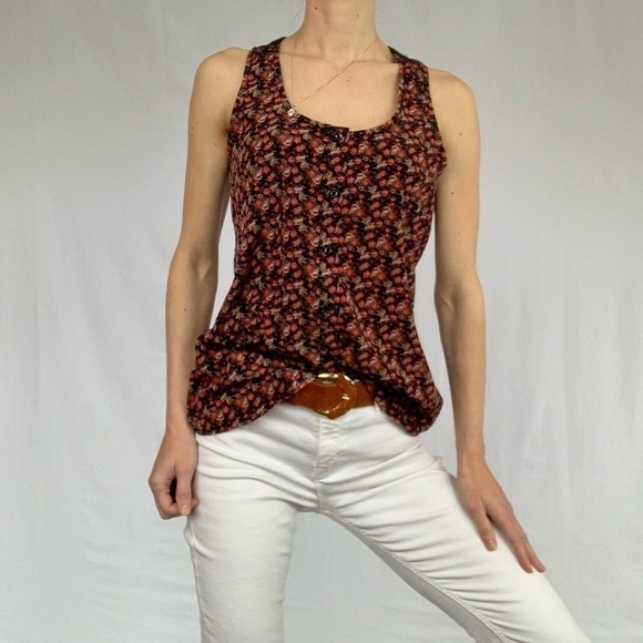Limité floral roses criss cross back tank top fits S black and red woman - Picture 11 of 16